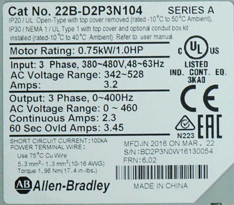 2016 Allen Bradley 40 22B-D2P3N104 PowerFlex Drive Series A Tested Good 6.02