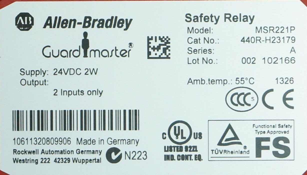 Allen-Bradley MSR221P Guard Master 440R-H23179 Safety Relay 24vdc