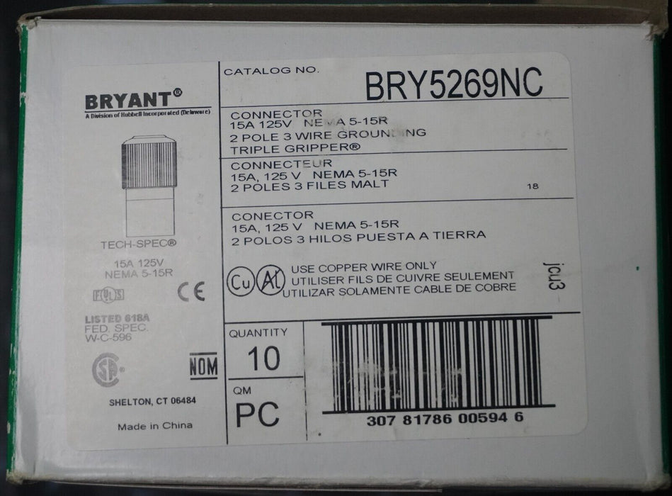 New Bryant-BRY5269NC-15 Amp 125V, Nema 5-15R 2 pole 3 Wire Grounding