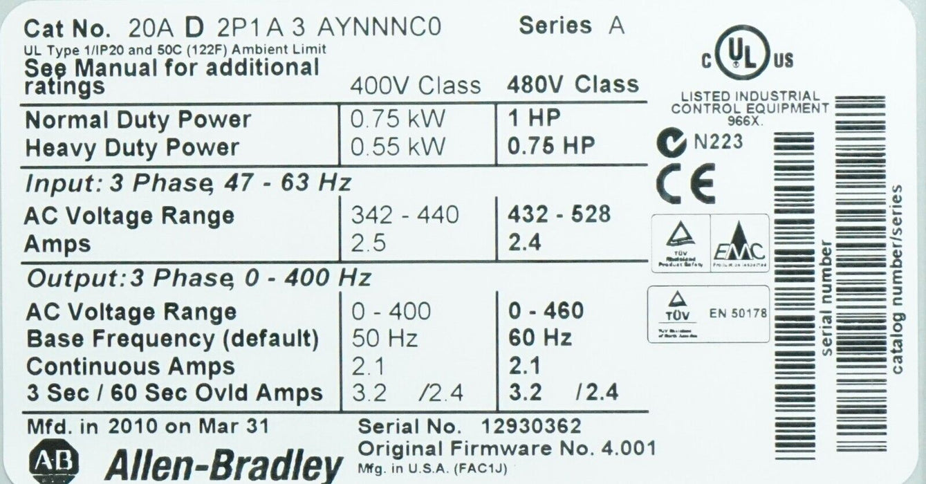 New Allen-Bradley PowerFlex 70 20AD2P1A3AYNNNC0 Ser. A 1 HP FRN 4.001