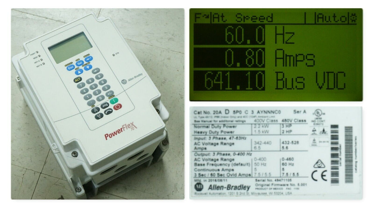 Allen-Bradley PowerFlex 70 3 HP 20AD5P0C3AYNNNC0 LOW HOURS Tested Good 500-800HR