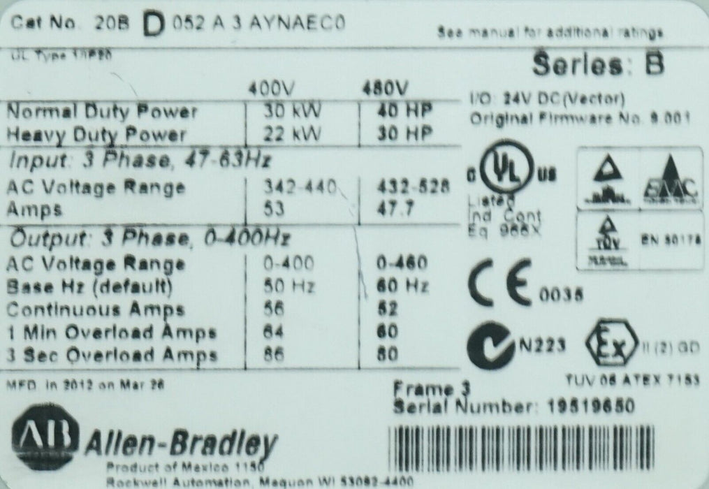 Allen-Bradley PowerFlex 700 40HP 20BD052A3AYNAEC0 Series B FRN:9.001 Tested Good