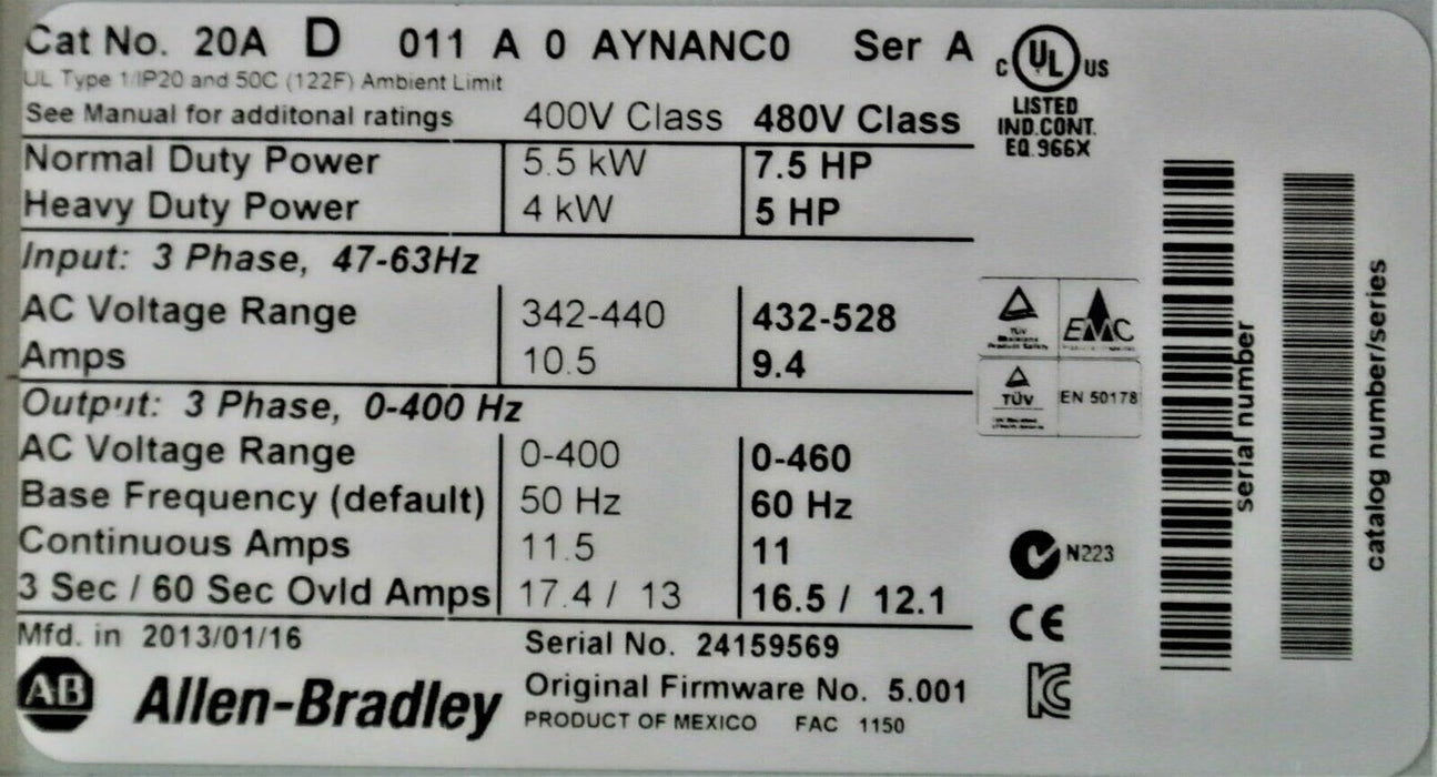 2013 LOW HOURS Allen-Bradley PowerFlex 70 7.5 HP 20AD011A0AYNANC0 Tested Good