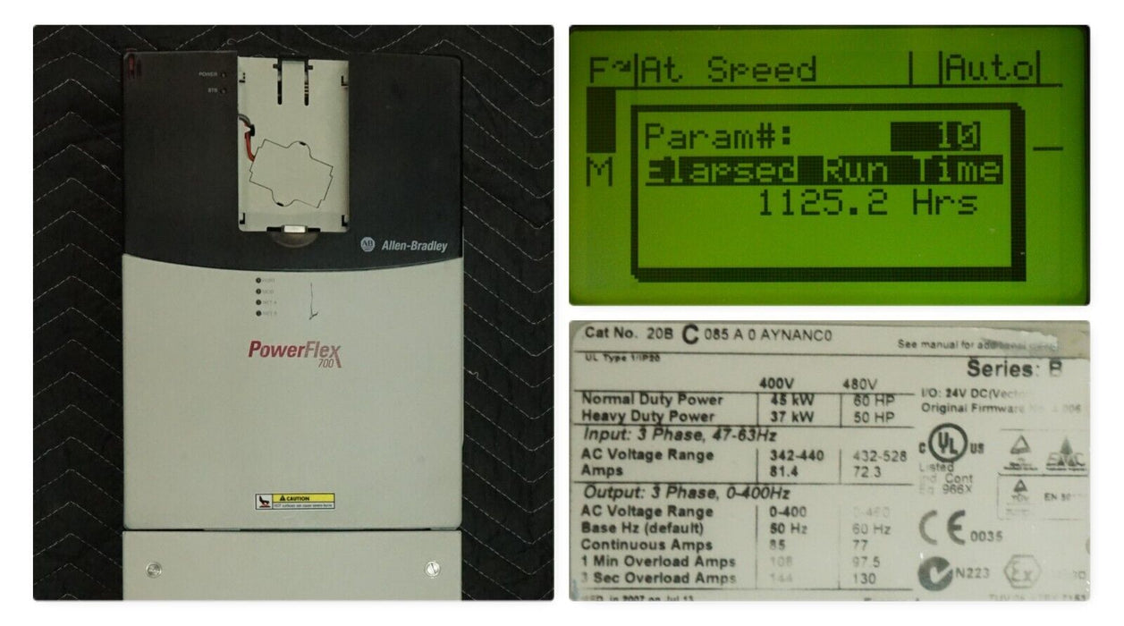 Low-Hours Allen Bradley PowerFlex 700 60 HP 20BC085A0AYNANC0 Series B FRN:4.006