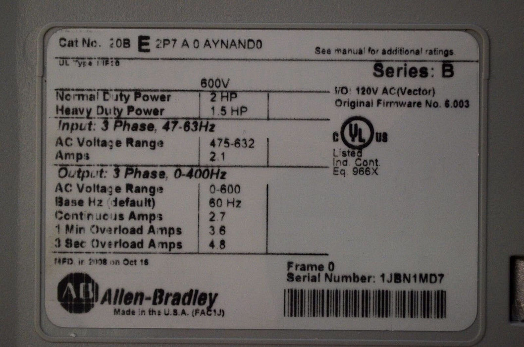 New Allen-Bradley PowerFlex 700 2HP 20BE2P7A0AYNAND0 475-632 VAC Firmware:6.003