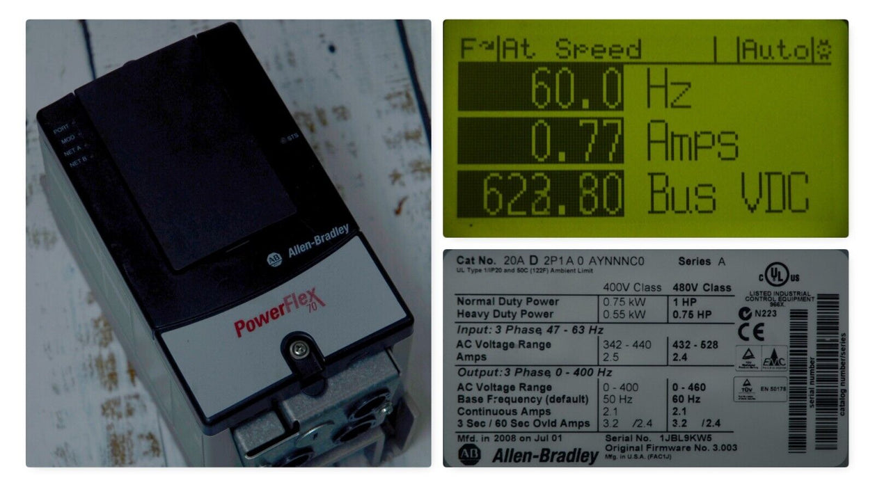 Allen-Bradley PowerFlex 70 20AD2P1A0AYNNNC0 1 HP, 480 VAC FRN: 3.003 Tested Good