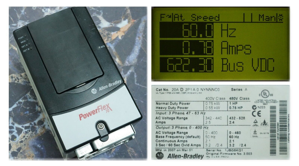 New Allen-Bradley 20AD2P1A0NYNNNC0 PowerFlex70 1HP 480 VAC FRN 5.001