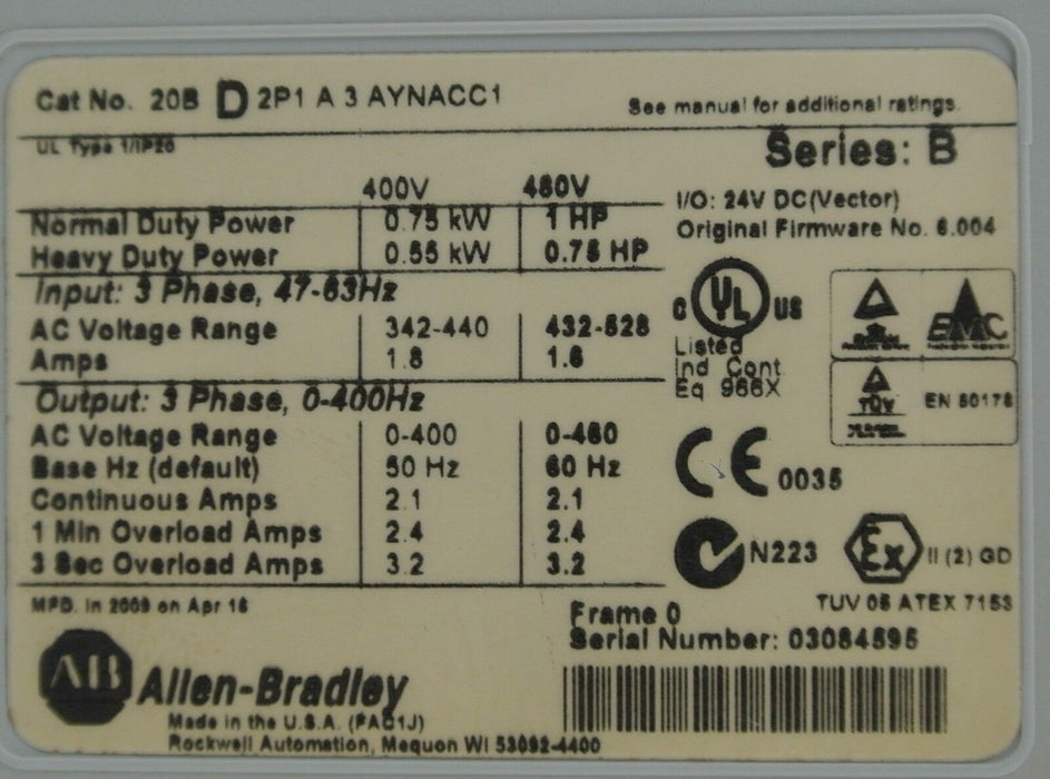 Clean and Tested Allen Bradley 20BD2P1A3AYNACC1 PowerFlex 700 Drive 1 HP  - Good