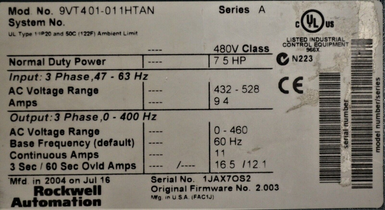 7.5 HP Rockwell Automation VTAC 9 AC Drive 9VT401-011HTAN FRM: 2.003 Tested Good