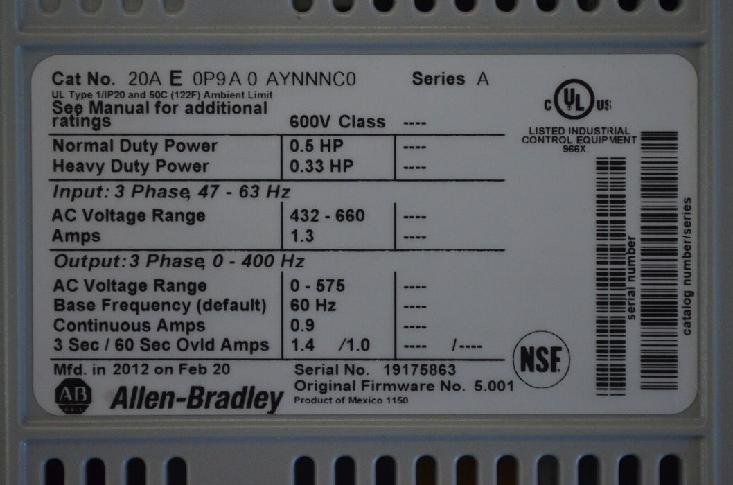 2012 Allen-Bradley PowerFlex 70 1/2 HP 20AE0P9A0AYNNNC0 600 VAC Tested Good