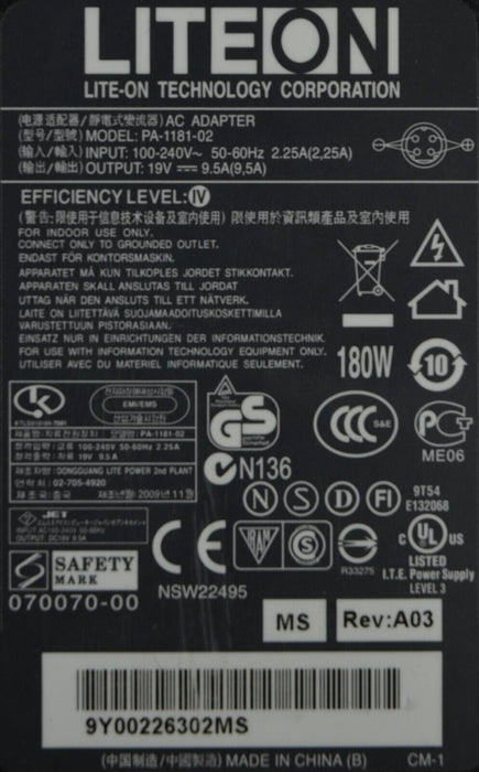 Lite-On Technology Corporation Model PA-1181-02 AC Adapter (100-240V/2.25A)