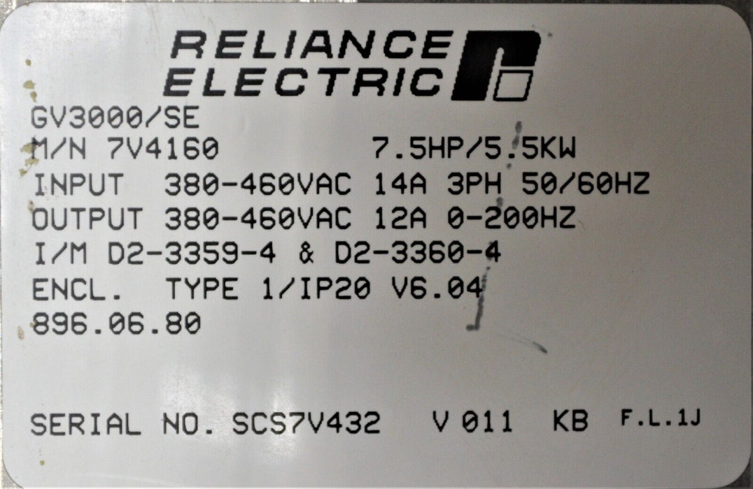 Reliance Electric GV3000 /SE 7.5 HP 7V4160 Firmware- 6.04 AC Drive Tested Good