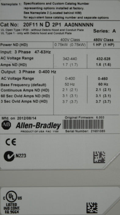 Low Hours Allen-Bradley PowerFlex753 20F11ND2P1AA0NNNNN 1 HP Ser. A FRN 7.001