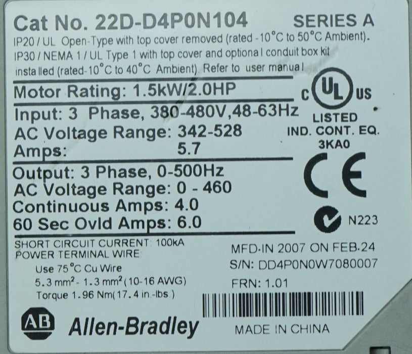 Allen-Bradley 22D-D4P0N104 PowerFlex 40 2HP Drive Tested Good FRN:1.01