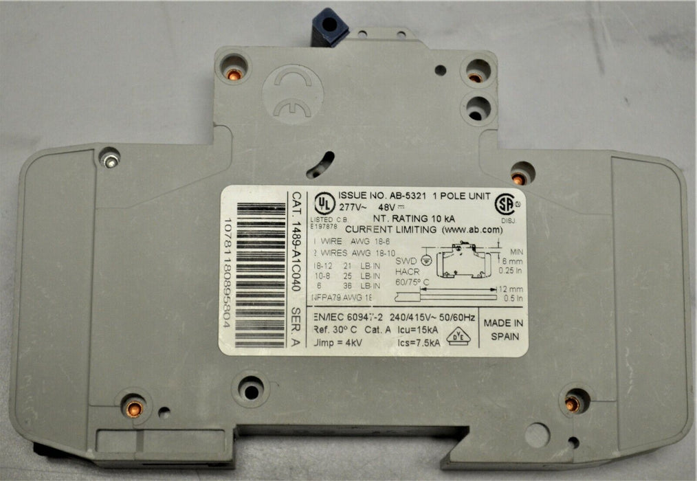 ALLEN BRADLEY 1489-A1C040 SER.A CIRCUIT BREAKER 4 AMPS 1 POLE TESTED GOOD