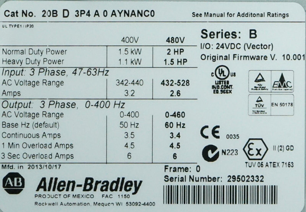 New Allen-Bradley PowerFlex 700 2HP 20BD3P4A0AYNANC0 480VAC FRN:10.001