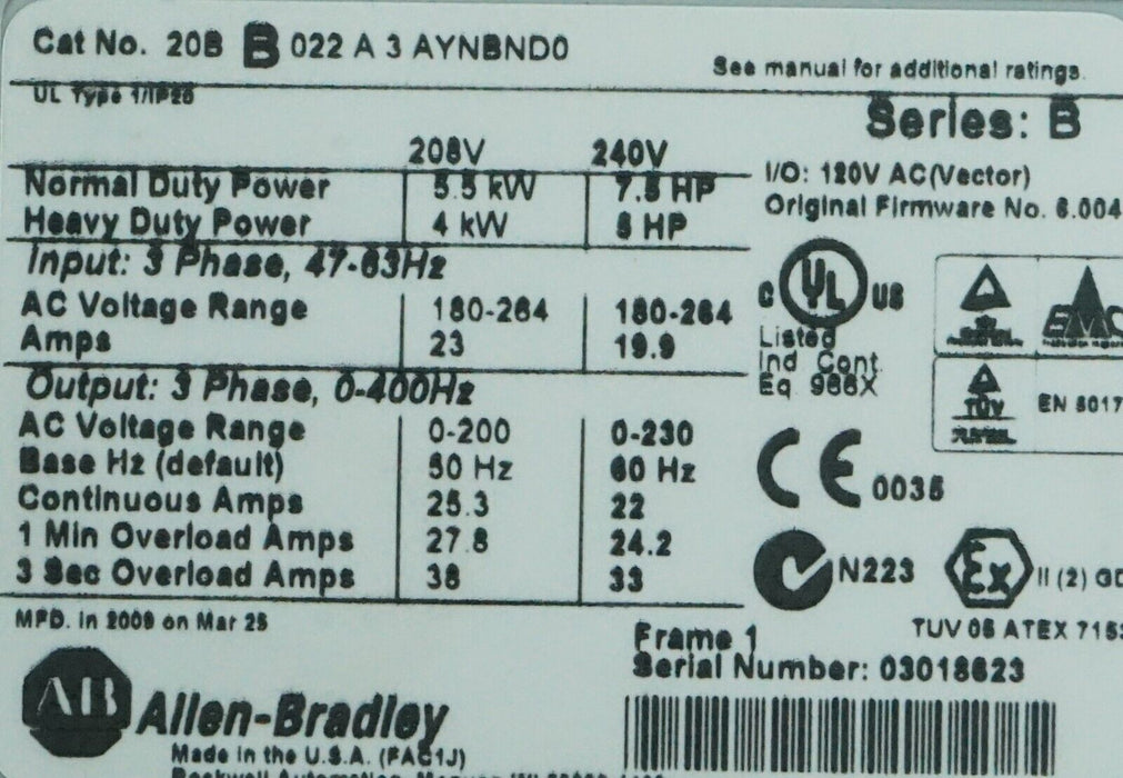 LOW HOURS Allen Bradley PowerFlex 700 10HP VFD 20BB028A3AYNBND0 240V FRN:6.004