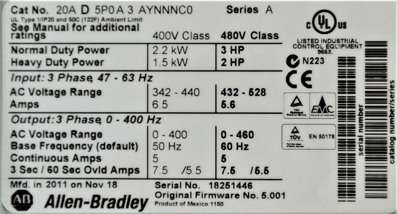 3 HP Allen-Bradley PowerFlex 70 20AD5P0A3AYNNNC0 (20AD5P0A3AYNNNG0) Drive Guard