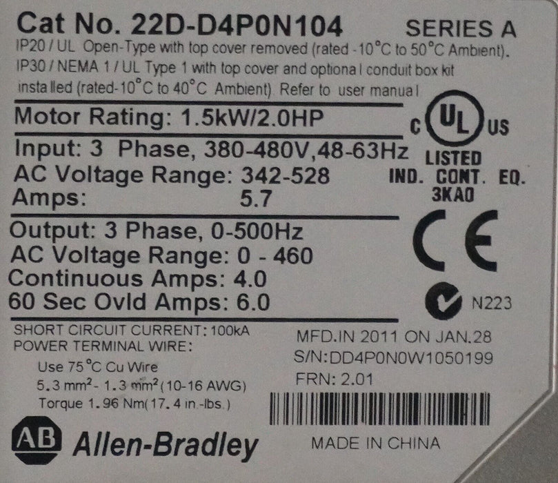 Allen-Bradley 22D-D4P0N104 PowerFlex 40P Drive 2HP Series A Tested Good FRN:2.01