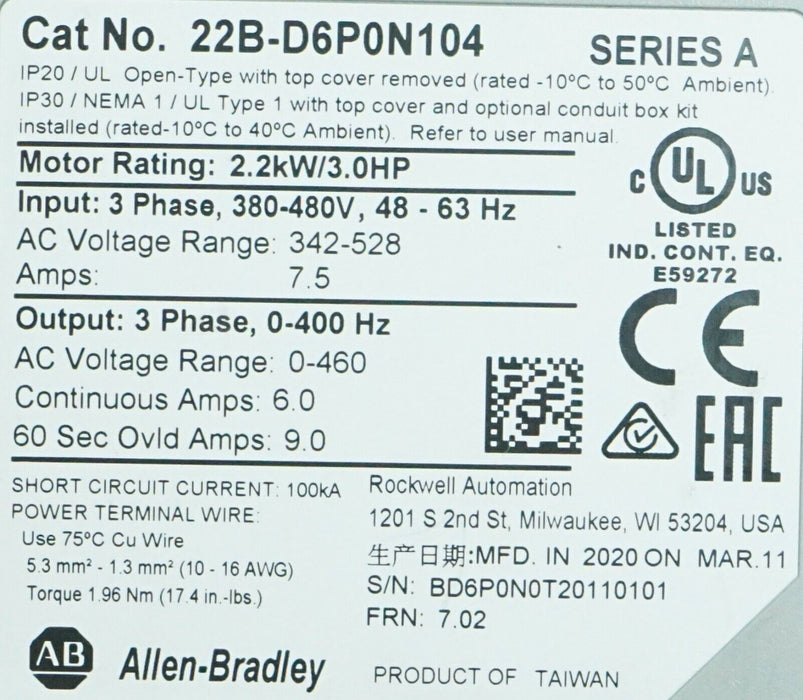 2019 Allen Bradley 22B-D6P0N104 PowerFlex 40 3 HP Drive Tested Good FRN:7.02