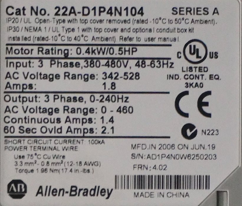 Low HRS  Allen Bradley PowerFlex4 1/2HP 22A-D1P4N104 Tested Good FRN:4.02