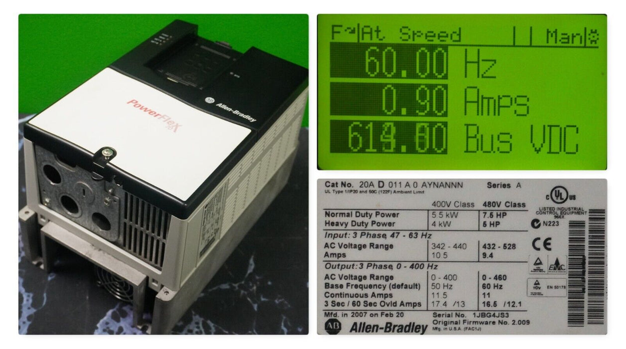 Allen-Bradley PowerFlex 70 7.5 HP 20AD011A0AYNANNN 480 VAC Tested Good FRN:2.009