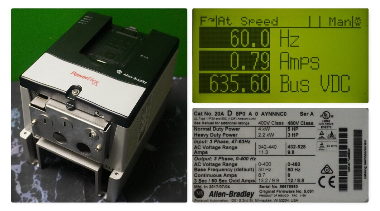 Allen-Bradley PowerFlex 70 5HP 20AD8P0A0AYNNNC0 480VAC Tested FRN:5.001