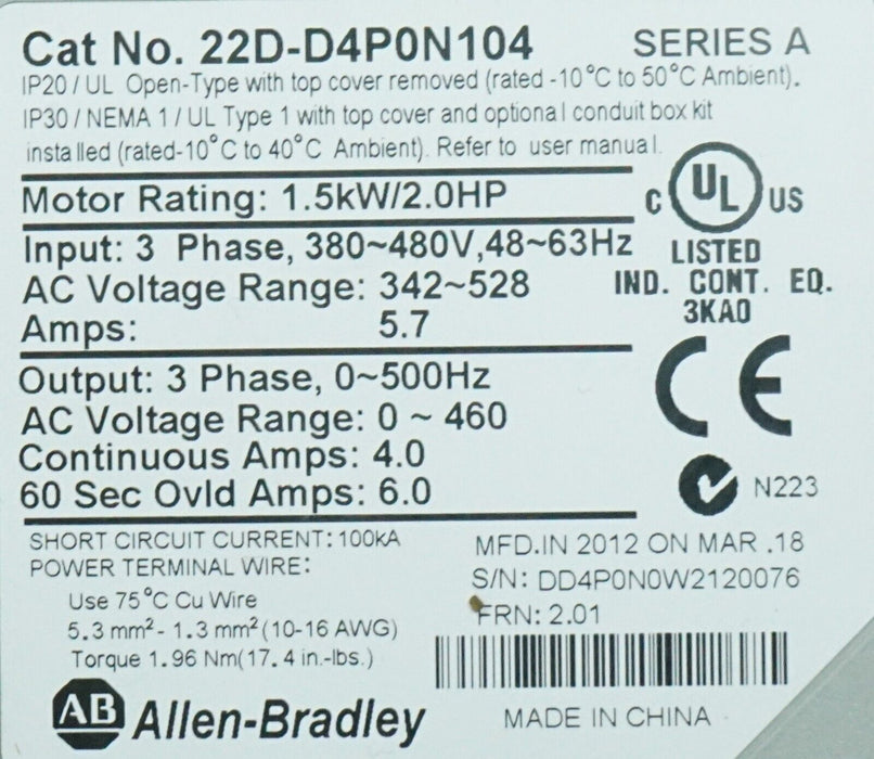 2012 Allen-Bradley Powerflex 40P 22D-D4P0N104 2HP FRN:2.01 Tested