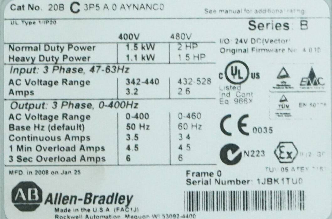 New Allen-Bradley PowerFlex 700 2HP 20BC3P5A0AYNANC0 480 VAC FRN:4.006