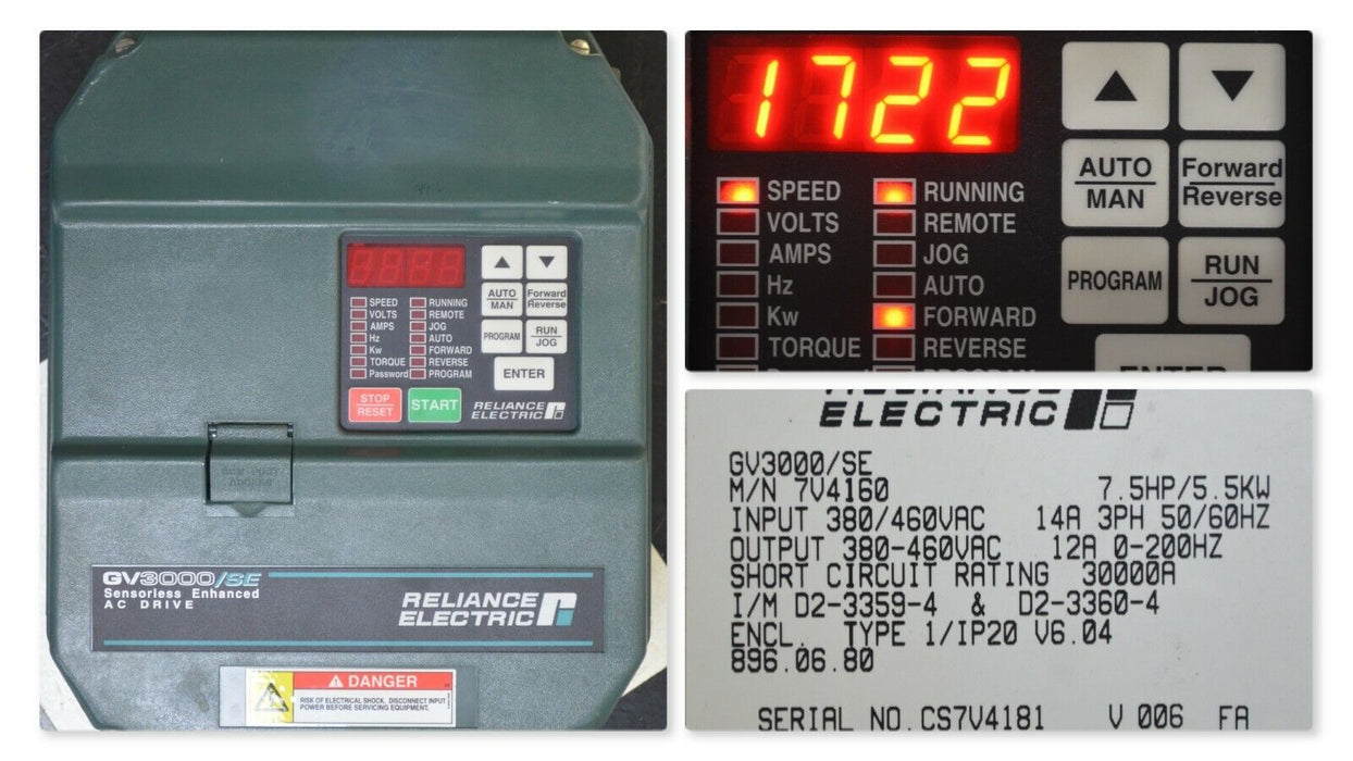 Reliance Electric GV3000 /SE 7.5 HP 7V4160 Firmware 6.04 AC Drive Tested Good