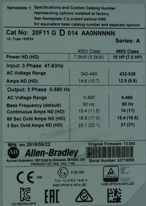 Allen-Bradley PowerFlex753 20F11GD014AA0NNNNN 10HP Ser. A FRN:13.003 Tested Good