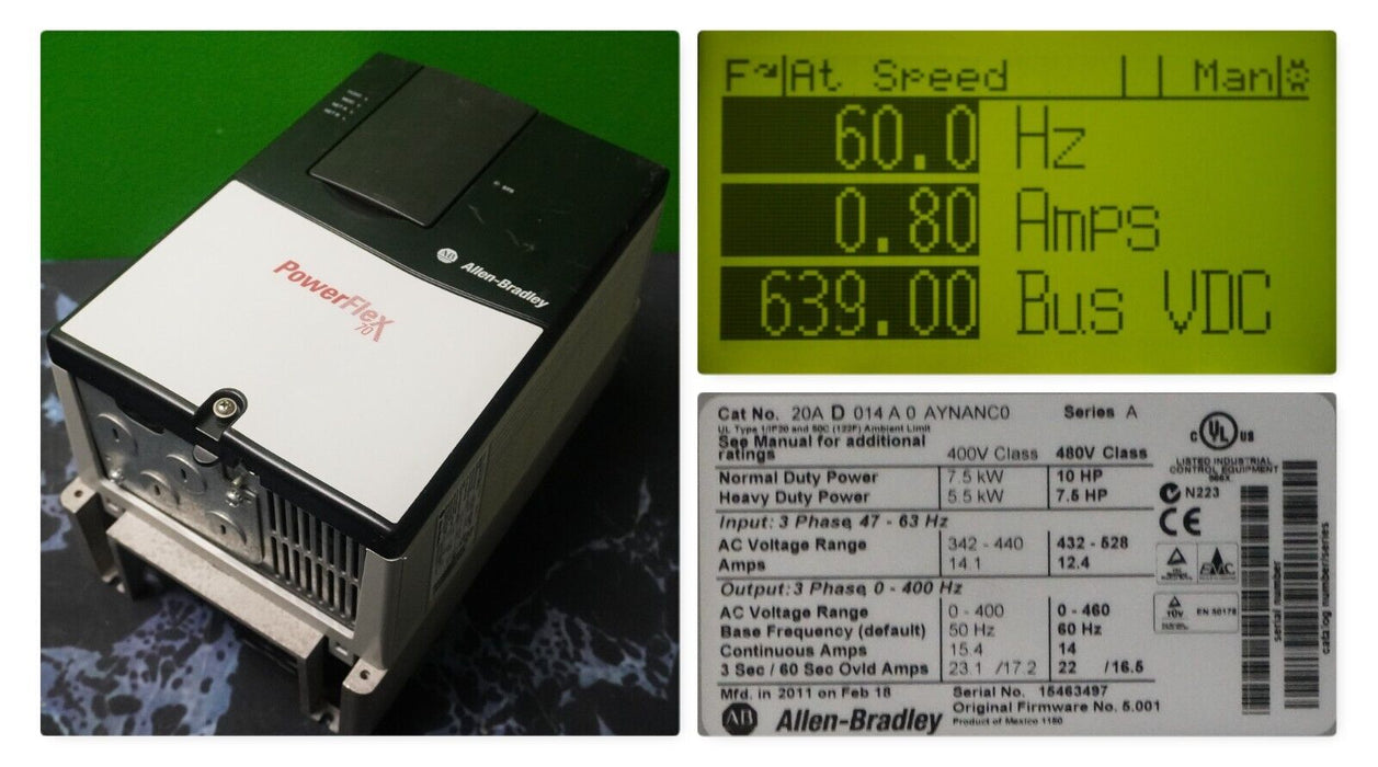 Zero Hr Allen Bradley PowerFlex 70 20AD014A0AYNANC0 Series A 480V 10HP FRN:5.001