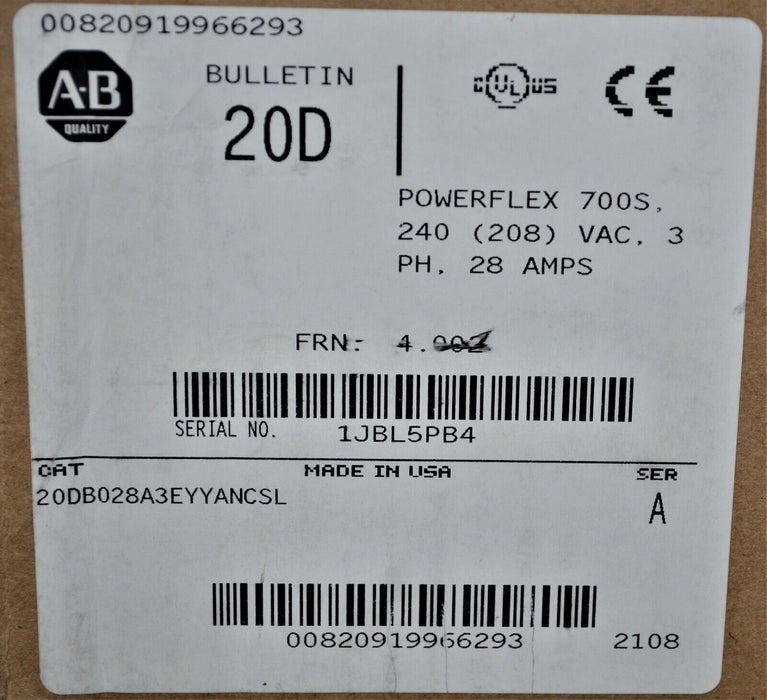 New Allen-Bradley Powerflex 700S 20DB028A3EYYANCSL 10 HP  Series A FRN: 4.002