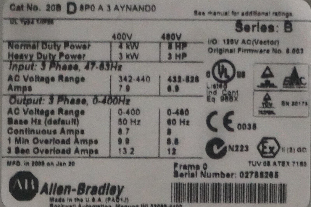 Allen-Bradley PowerFlex 700 5HP 20BD8P0A3AYNAND0 Power Supply FRN:10.001