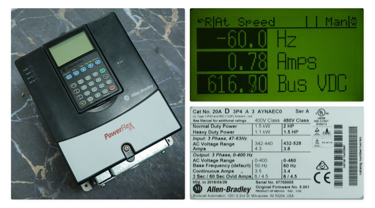 Allen-Bradley PowerFlex 70 2 HP 20AD3P4A3AYNAEC0 480 VAC Tested FRN:5.001