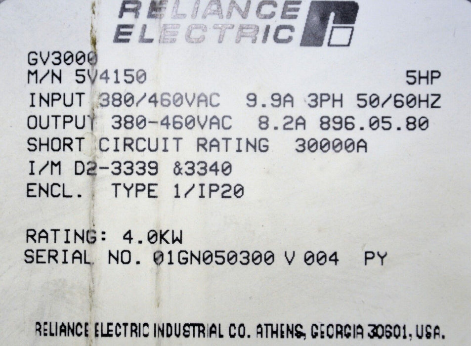 RELIANCE ELECTRIC GV3000 5 HP 5V4150 VER 5.02 INVERTER TESTED GOOD NO COVER