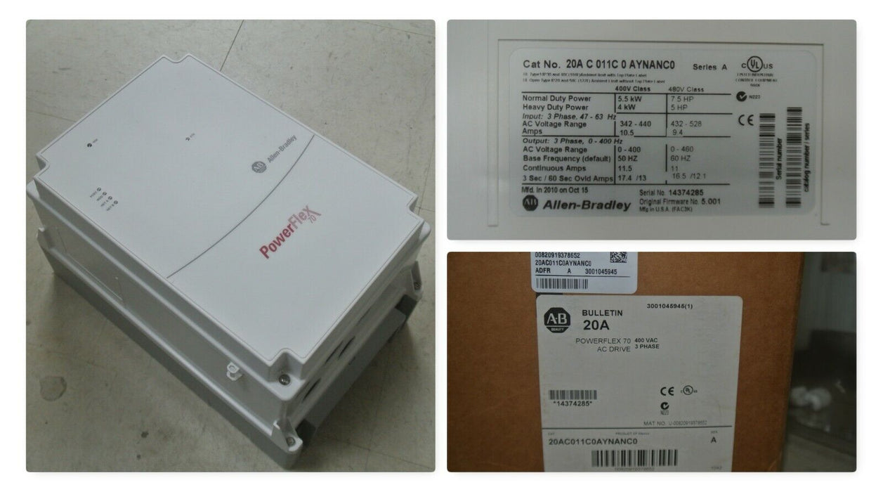 Zero Hours Allen-Bradley 20AC011C0AYNANC0 7.5HP 400V Powerflex 70 FRN 5.001 **