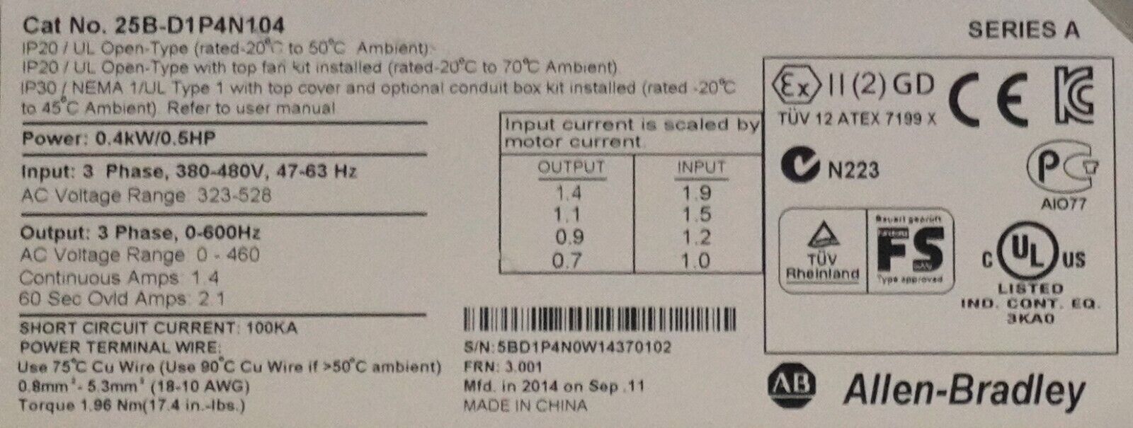 Allen Bradley 25B-D1P4N104 1/2HP Powerflex 525 Series A FRN:3.001 Tested Good