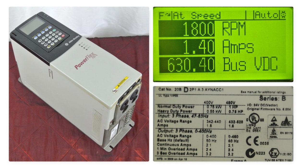 Allen Bradley 20BD2P1A3AYNACC1 PowerFlex 700 Drive TESTED GOOD 1 HP 6.001 -Clean