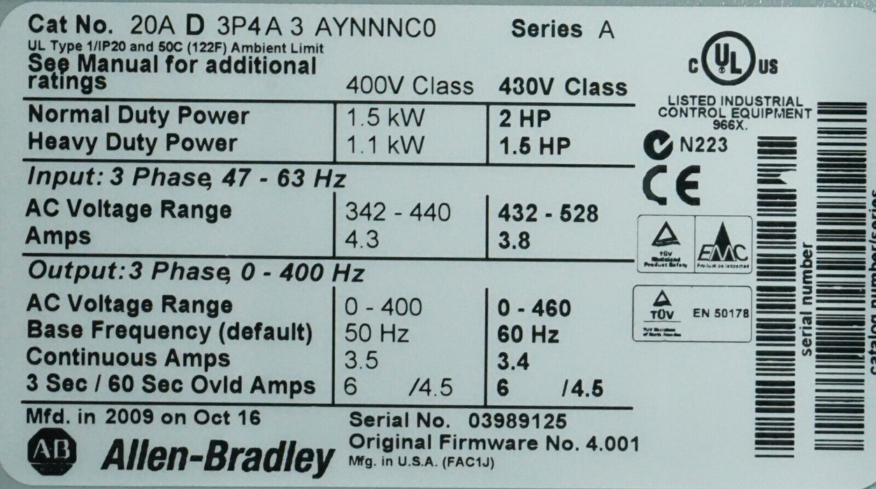 Allen-Bradley PowerFlex 70 2 HP 20AD3P4A3AYNNNC0 480 VAC Tested FRN:4.001