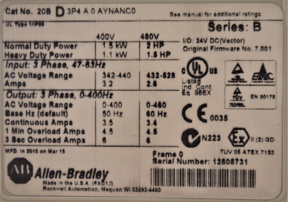 Allen-Bradley PowerFlex 700  2 HP 20BD3P4A0AYNANC0 480 VAC Low Hours Tested Good