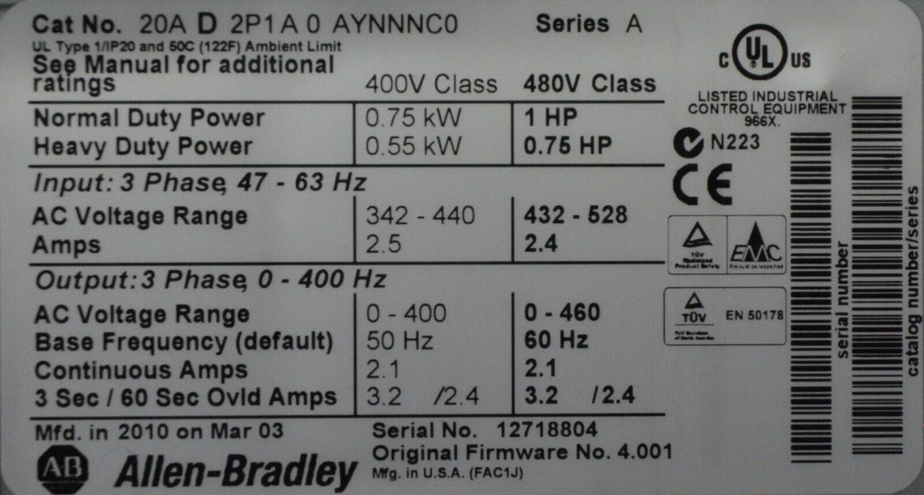 Allen-Bradley PowerFlex 70 20AD2P1A0AYNNNC0 Ser. A 1 HP FRN 4.001 Tested Good