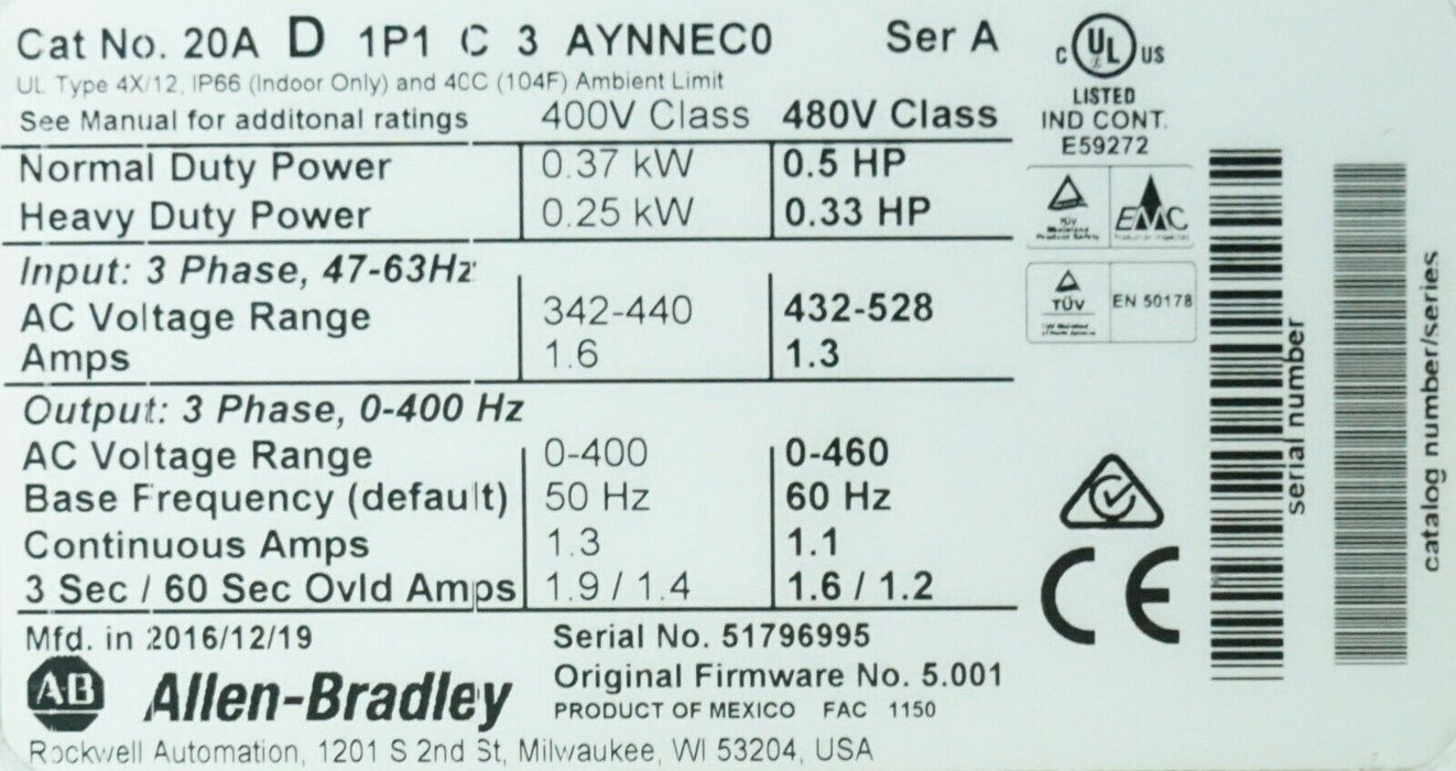 2016 Low Hrs Allen-Bradley PowerFlex 70 1/2 HP 20AD1P1C3AYNNEC0 Series A 480 VAC