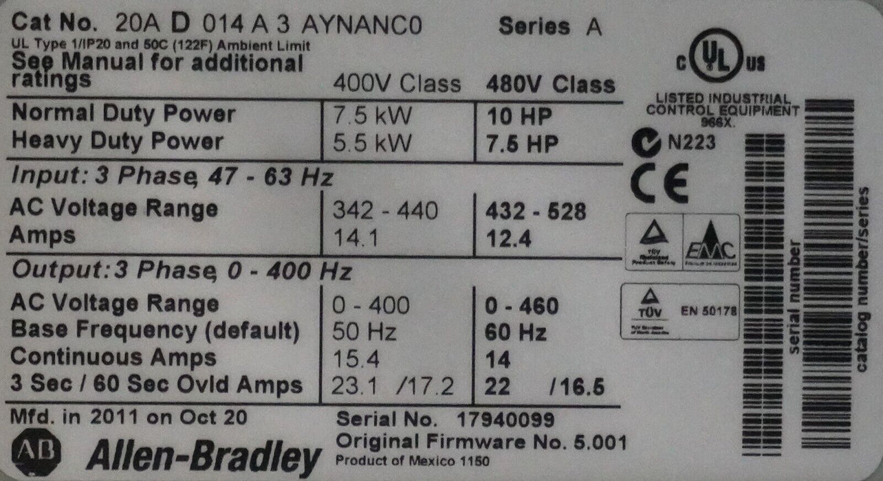 Zero Hr Allen Bradley PowerFlex 70 20AD014A3AYNANC0 Series A 480V 10HP FRN:5.001