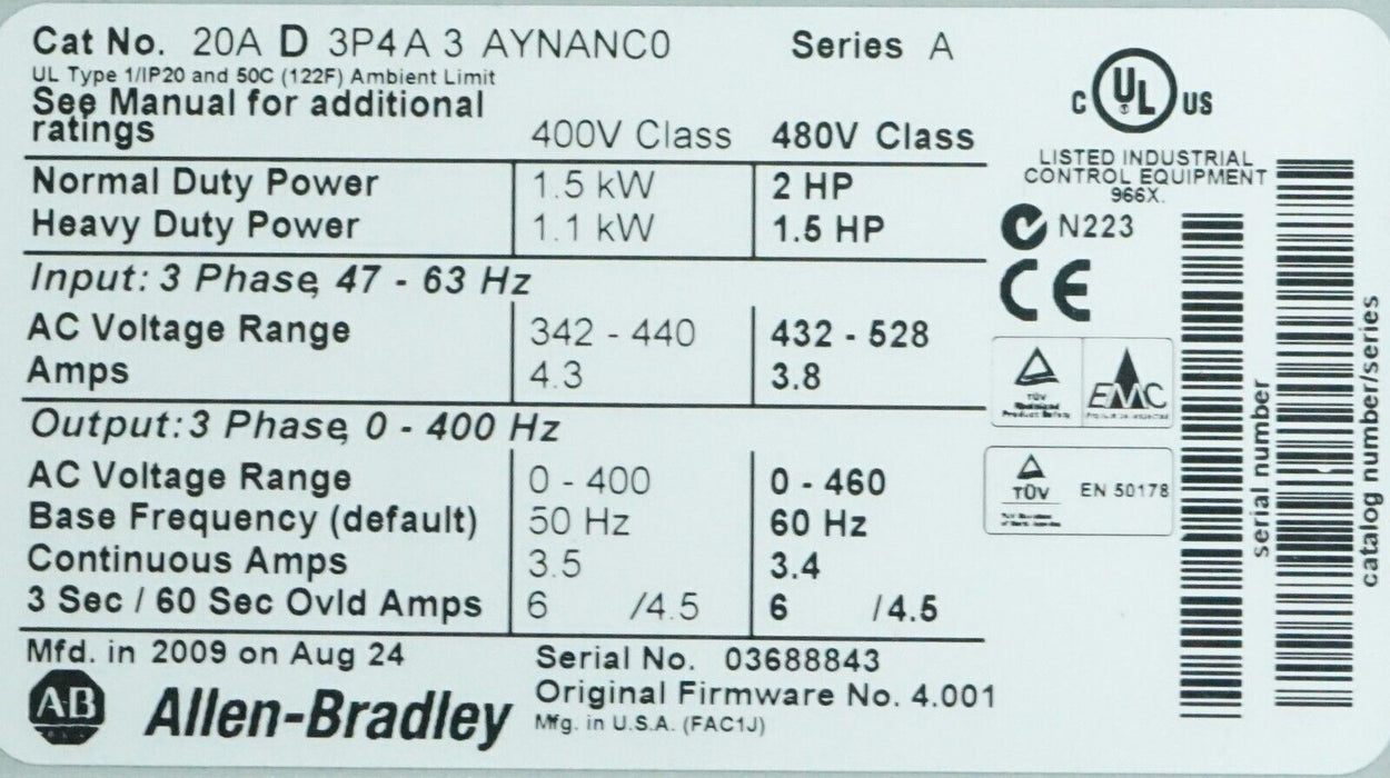 Low Hours Allen-Bradley PowerFlex 70 2 HP 20AD3P4A3AYNANC0 480 VAC FRN:4.001