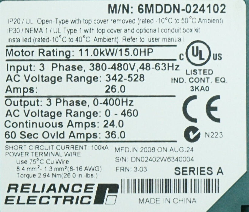 Reliance Electric MD65 6MDDN-024102 AC Drive 15 HP 3-Phase Tested Good