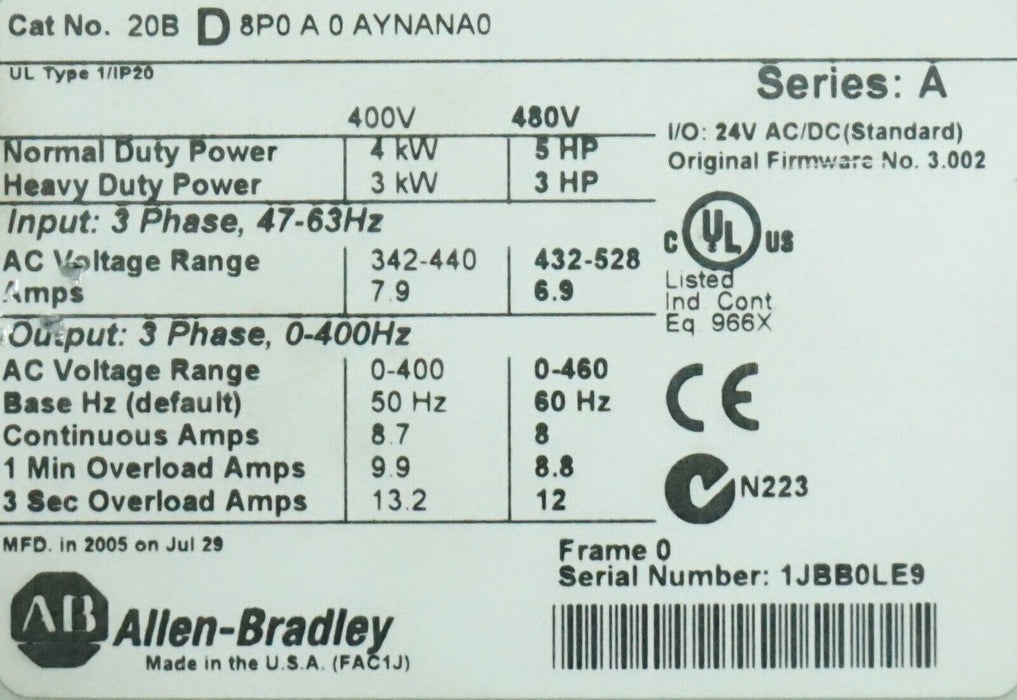 Allen Bradley Power Flex 700 5 HP 20BD8P0A0AYNANA0 480VAC Tested Core Only