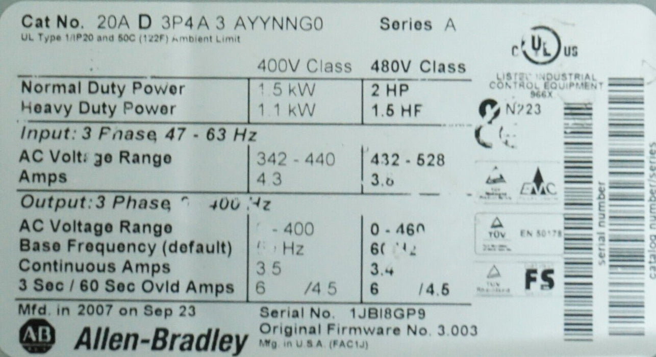 New Allen Bradley PowerFlex 70 2 HP 20AD3P4A3AYYNNG0 480 VAC FRN:3.003