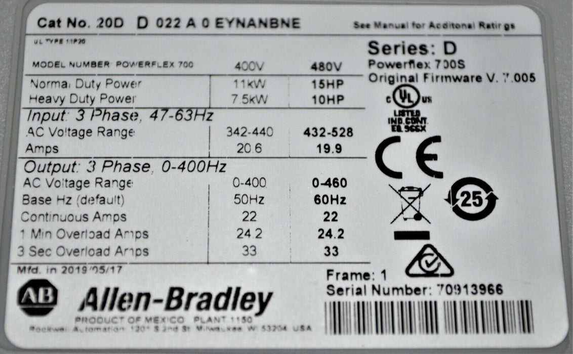 NEW Allen-Bradley 20DD022A0EYNANBNE/D 15HP Powerflex 700S W/Synchlink FRN:7.005