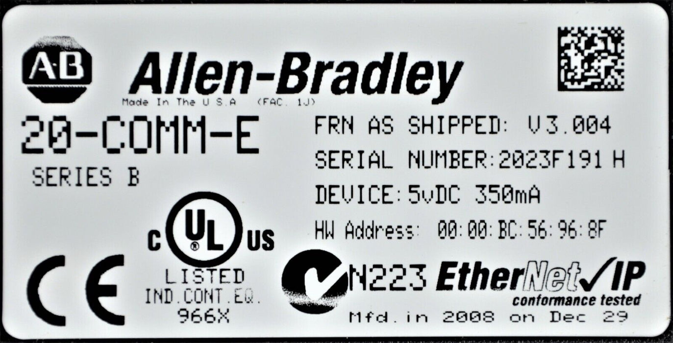 Allen Bradley 20-COMM-E Powerflex 700 Ethernet Adapter FRN: 3.004